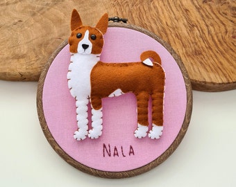 Custom Basenji hoop decoration | Personalised felt dog ornament | Custom gift for dog owner/lover | Dog portrait | Dog replica | Embroidery