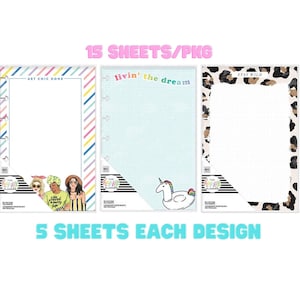May include: Three different designs of planner paper with a white background and colourful borders. The designs include a rainbow stripe border, a light blue border with a unicorn and a white border with a leopard print. The text on the paper reads "Get Chic Done", "Livin' the Dream", and "Stay Wild". The package contains 15 sheets of paper, 5 sheets of each design.