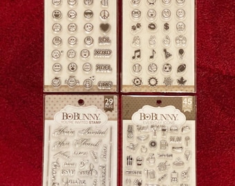 20 Options of BoBunny Clear Stamps -Countdown/Recipe Card/Doodle Frames/Eggcellent/Gearing Up/Rejoice/Geomatric Patterns/Wall Textures/Emoji