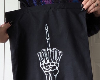 Skeleton hand , middle finger , Halloween tote , black tote canvas bag , reusable bag