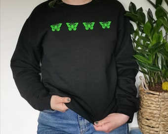 Neon green butterfly jumper, butterfly row outline sweatshirt