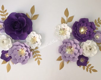 Purple and white 12 pieces paper flower set, nursery flowers set, nursery decor, wall art.