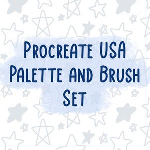 May include: A blue watercolor background with white stars and the text "PROCREATE USA PALETTE AND BRUSH SET" in blue.