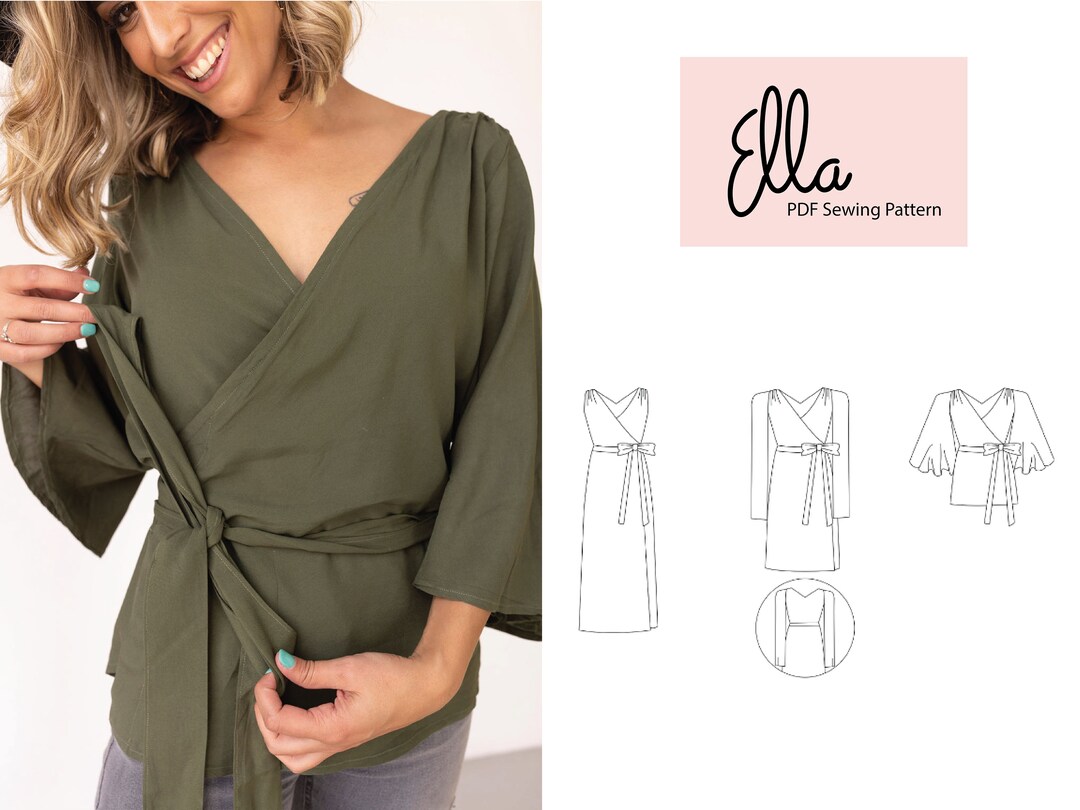 Ella Wrap Dress & Top Pattern - Elegant V-neck, Tie Belt - Flared ...