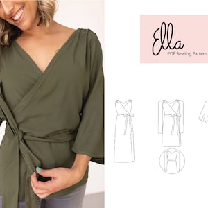 Ella Wrap Dress & Top Pattern - Eleganter V-Ausschnitt, Gürtel zum Binden - Ausgestellte Ärmel Optionen - PDF Schnittmuster, All Seasons Pattern