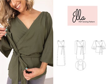 Ella wikkeljurk en top pdf naaipatroon | V-hals, strikriem | Uitlopende mouwopties | Patroon maxi-wikkeljurk | Direct downloaden | XXS-XXL