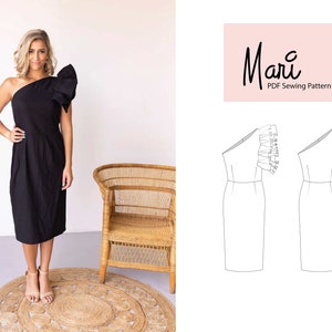 Mari Dress Pattern - Klassisches Etuikleid mit Asymmetrischem Ausschnitt & Optional mit Rüschen - Rüschen, Ein-Schulter-Kleid
