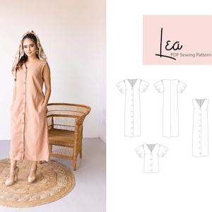 May include: A sleeveless, button-down peach-colored dress with pockets is shown. The dress is worn by a person. The image also includes a round jute rug, a wicker chair, and a pattern for a dress with the text "Lea PDF Sewing Pattern."
