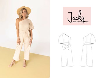 Jacky jumpsuit pdf naaipatroon - asymmetrische halslijn en pofmouw | Zakken in de naad | Patroon linnen jumpsuit | XXS-XXL