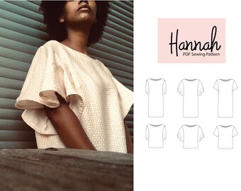 Hannah Shift-jurk en boxy-top pdf-naaipatroon - eenvoudig, gemakkelijk, beginnersnaaipatroon met uitlopende mouwen, vlindermouwen of korte mouwen