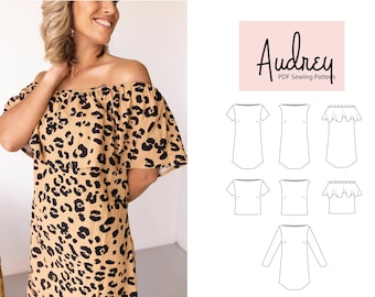 Audrey off-shoulder jurk en top pdf naaipatroon | Ruche ruche | Vrijetijds- of cocktailkleding
