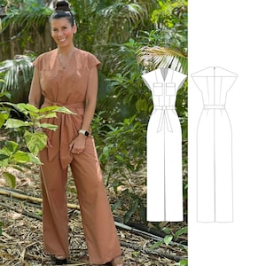 May include: A woman wearing a rust-colored jumpsuit with a V-neck, short sleeves, and a tie belt. The jumpsuit has two front pockets and wide-leg pants. A line drawing of the jumpsuit is on the right side of the image.