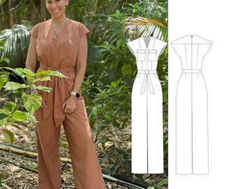 Isabella-jumpsuit PDF naaipatroon - damesjumpsuit met wijde pijpen | Prinsessennaden, heupzakken, opgestikte zakken, jumpsuit met V-hals | XXS-XXL