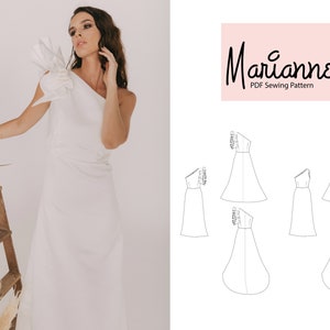 Puede incluir: Un patrón de costura digital para un vestido de un solo hombro con una falda fluida. El patrón se llama "Marianne" y está disponible para descargar en PDF. El patrón incluye cinco vistas diferentes del vestido, mostrando las vistas frontal, posterior y lateral.