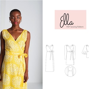 Vestido e blusa Ella Wrap - Padrão de costura versátil para opções maxi, comprimento até o joelho e sem mangas - Padrão de vestido de verão em PDF