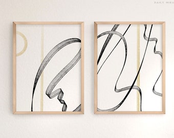 Line Art Set of 2 Downloadable Prints, The Strokes Poster for Bookshelf Decor, Abstract Wall Art, Black and White Minimalist Wall Art Set