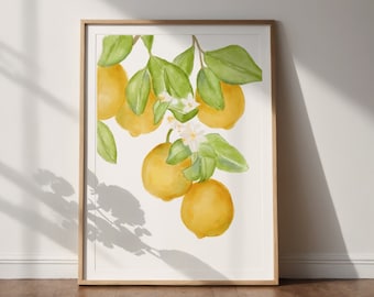 Citroen digitale kunst print, downloadbare aquarel citroen decor, geel groene citrusvruchten keuken esthetische poster, natuur kunst aan de muur