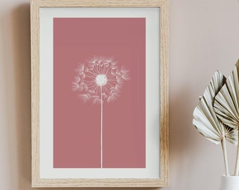 Blush Pink Rustic Dandelion Minimalist Wall Art, Dusty Rose Dandelion Digital Poster for Shelf Decor