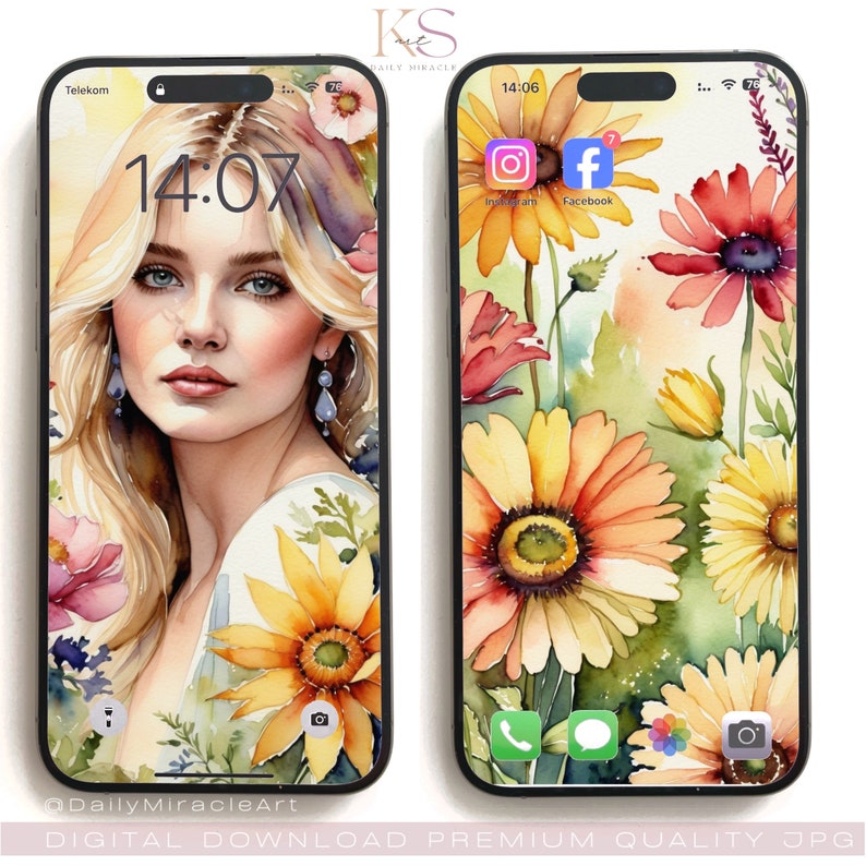 Digital Watercolor Phone Wallpaper, Orange Pink iPhone Samsung Background Set of 2 Digital Wallpaper, Girls Face with Garden Flowers image 1