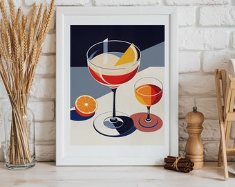 Bauhaus Digital Download Cocktail Art Print Home Bar Decor, Colorful Bar Wall Art, Orange Cocktails