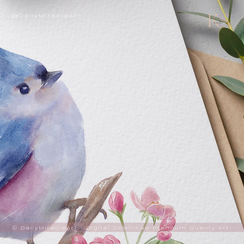 Watercolor painting of a tiny cute blue pink bird on a cherry blossom branch