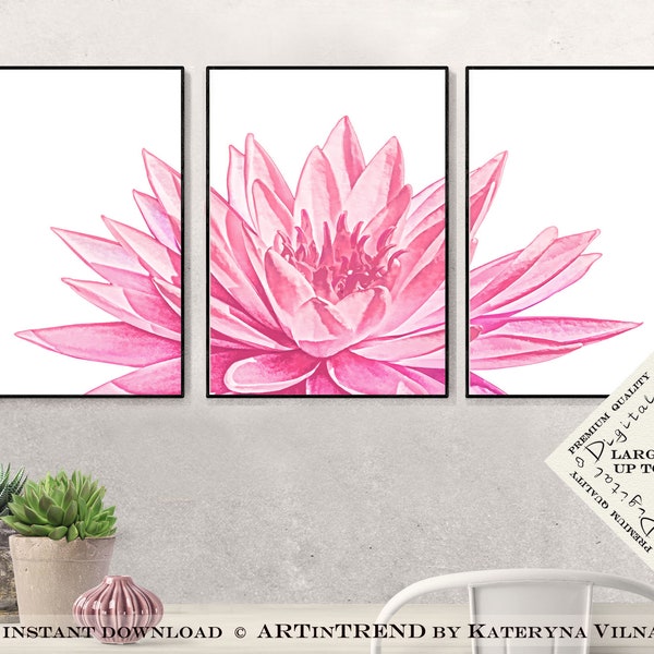 Printable art print, Floral wall art, Downloadable print set of 3 pink flowers, Modular wall decor, Lotus macro water lily