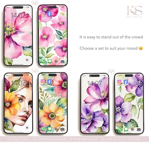 Digital Watercolor Phone Wallpaper, Orange Pink iPhone Samsung Background Set of 2 Digital Wallpaper, Girls Face with Garden Flowers image 4