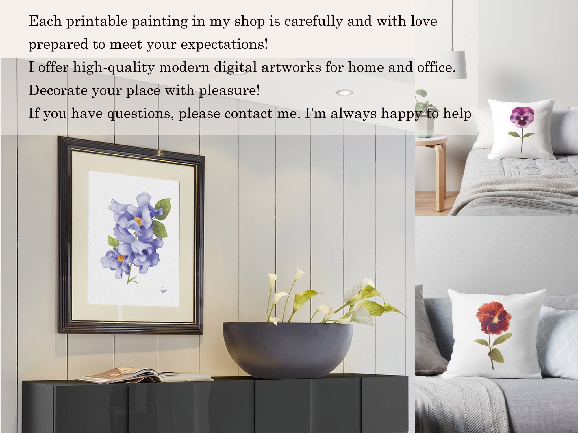 Floral bedroom art Downloadable artwork Floral wall art | Etsy