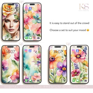 Digital Watercolor Phone Wallpaper, Orange Pink iPhone Samsung Background Set of 2 Digital Wallpaper, Girls Face with Garden Flowers image 3