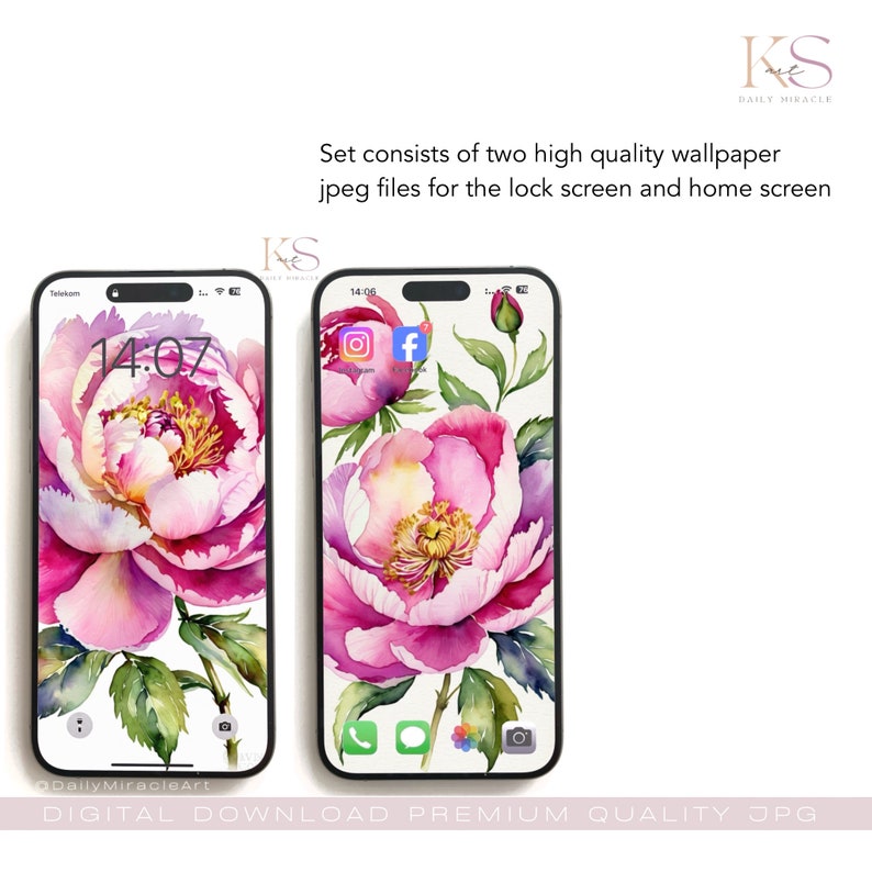 Digital Watercolor Phone Wallpaper, Orange Pink iPhone Samsung Background Set of 2 Digital Wallpaper, Girls Face with Garden Flowers image 2
