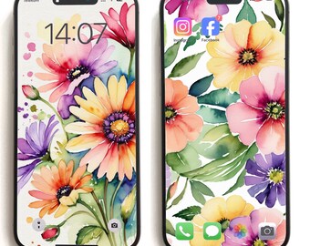 Floral Phone Wallpapers, Garden Flowers Watercolor iPhone Samsung Background, Cell Phone Wallpaper, Sunflower Wallpaper