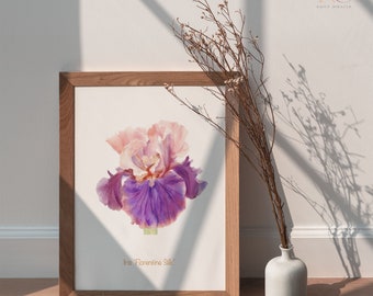 Boho Vintage Botanical Pink Purple Iris Wall Art Poster, Iris Watercolor Garden Art