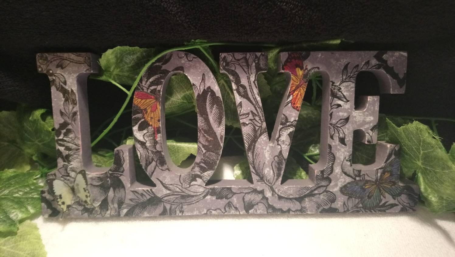 A Wooden Free Standing 'LOVE' Sign. Decoupaged Etsy