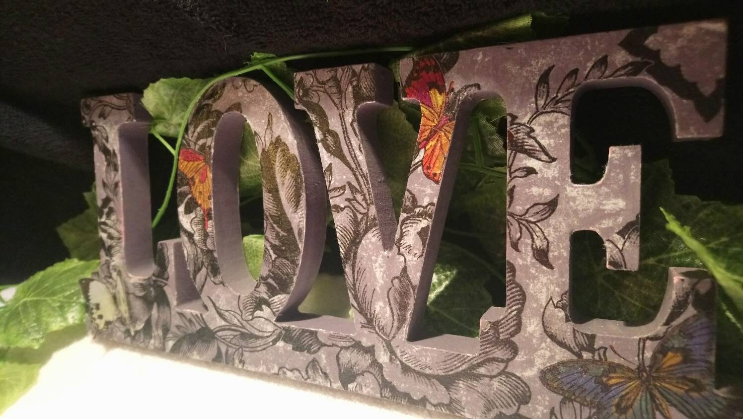 A Wooden Free Standing 'LOVE' Sign. Decoupaged Etsy