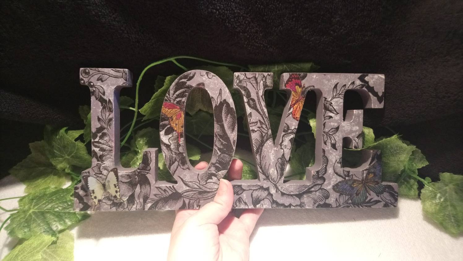 A Wooden Free Standing 'LOVE' Sign. Decoupaged Etsy