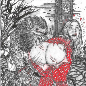 May include: Black and white illustration of a werewolf attacking a person in front of Big Ben. The person is wearing red clothing with a bone pattern. The background includes a full moon, trees, and bats.