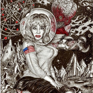 May include: A black and white illustration of a woman wearing a white shirt with an American flag patch on the sleeve, a black skirt, and a helmet. She is sitting on a rocky surface with a large, red, brain-like creature behind her. The background is a dark, starry sky with a large, white, circular object in the upper right corner.