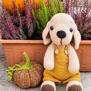 May include: A crocheted dog wearing overalls sits in front of a potted plant with a small crocheted pumpkin beside it.
