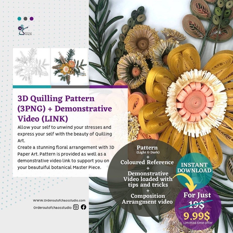 3D Quilling Art Pattern Botanical floral Pattern-Adult Craft DIY Downloadable pattern Video image 1