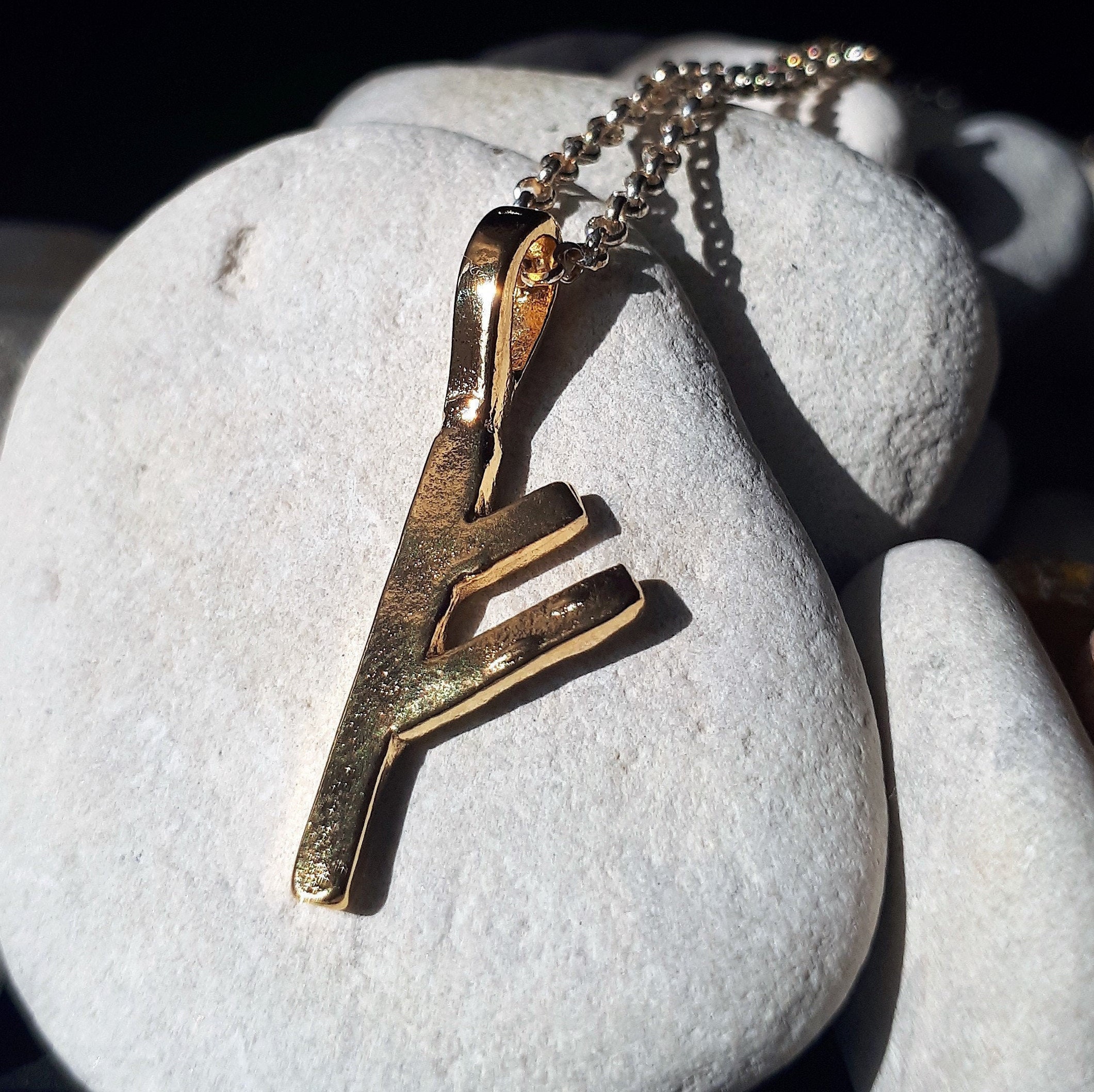 Rune Fehu Gold Pendant Norse Elder Futhark