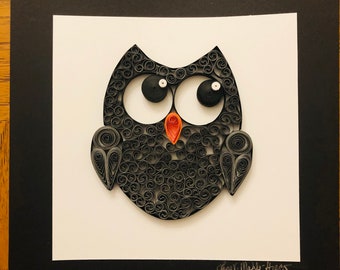 Handcrafted Gray Bird Quilling Artwork, 8x8 Whimsical Paper Art