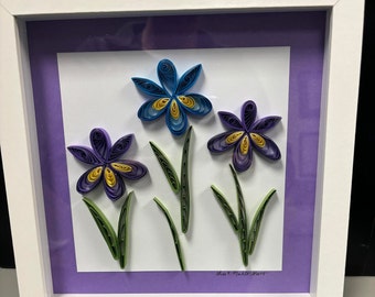 Handmade Quilled Iris Shadowbox Art, Purple & Blue, 8x8