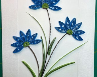 Quilled Handcrafted Unique Blue Poppy Flower Birthday Greeting Card