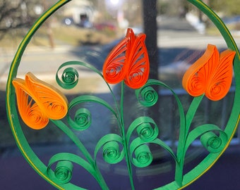 Handcrafted Orange Tulip Suncatcher, Quilled Window Hanging