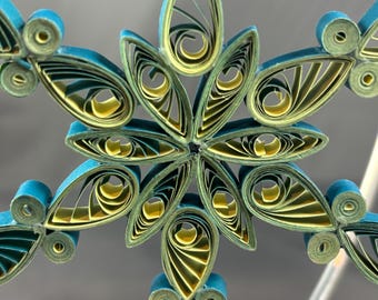 Two Toned Teal and Yellow Handcrafted Quilled Snowflake/ Star Ornament