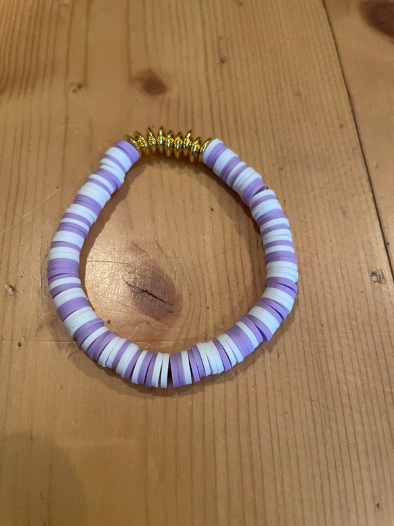 Purple and White Clay Bead Bracelet 