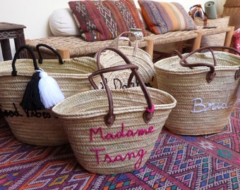 Borsa da spiaggia in paglia personalizzata, cestino marocchino intrecciato a mano, manici in pelle