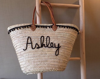 Personalized Straw Beach Bag, Boho Pom Pom Tote, Custom Moroccan Basket