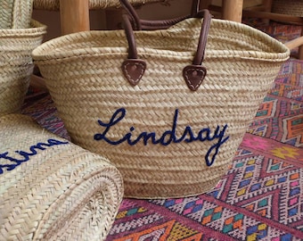 Monogrammed Straw Tote Bag with Leather Handles and Tassel, Personalized Gift