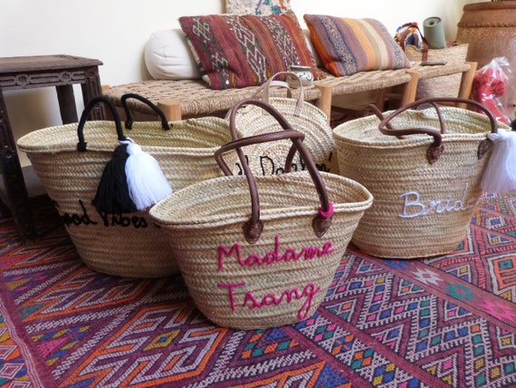 Personalized Straw Beach Bag, Handwoven Moroccan Basket, Leather Handles